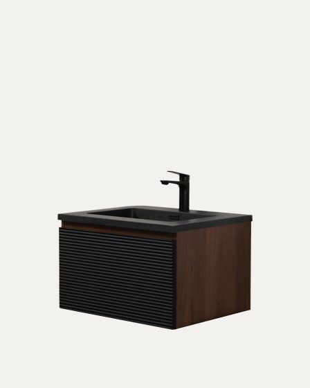 Idealaqua Eden 60 cm ormarić s umivaonikom, drvo+mat crni, rebrasti – slika 1